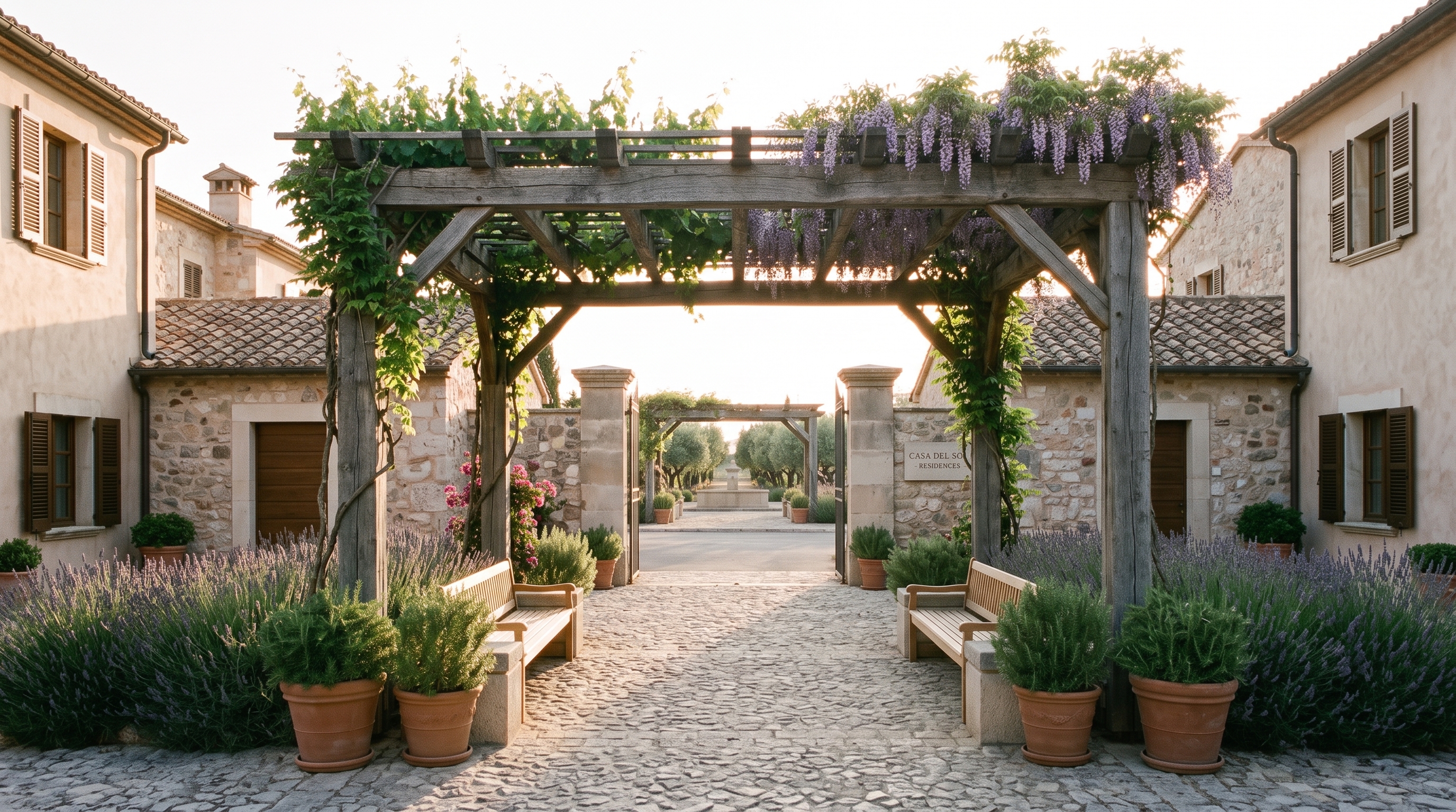 Inner entrance under a wooden pergola — Residenza Oliveto concept study