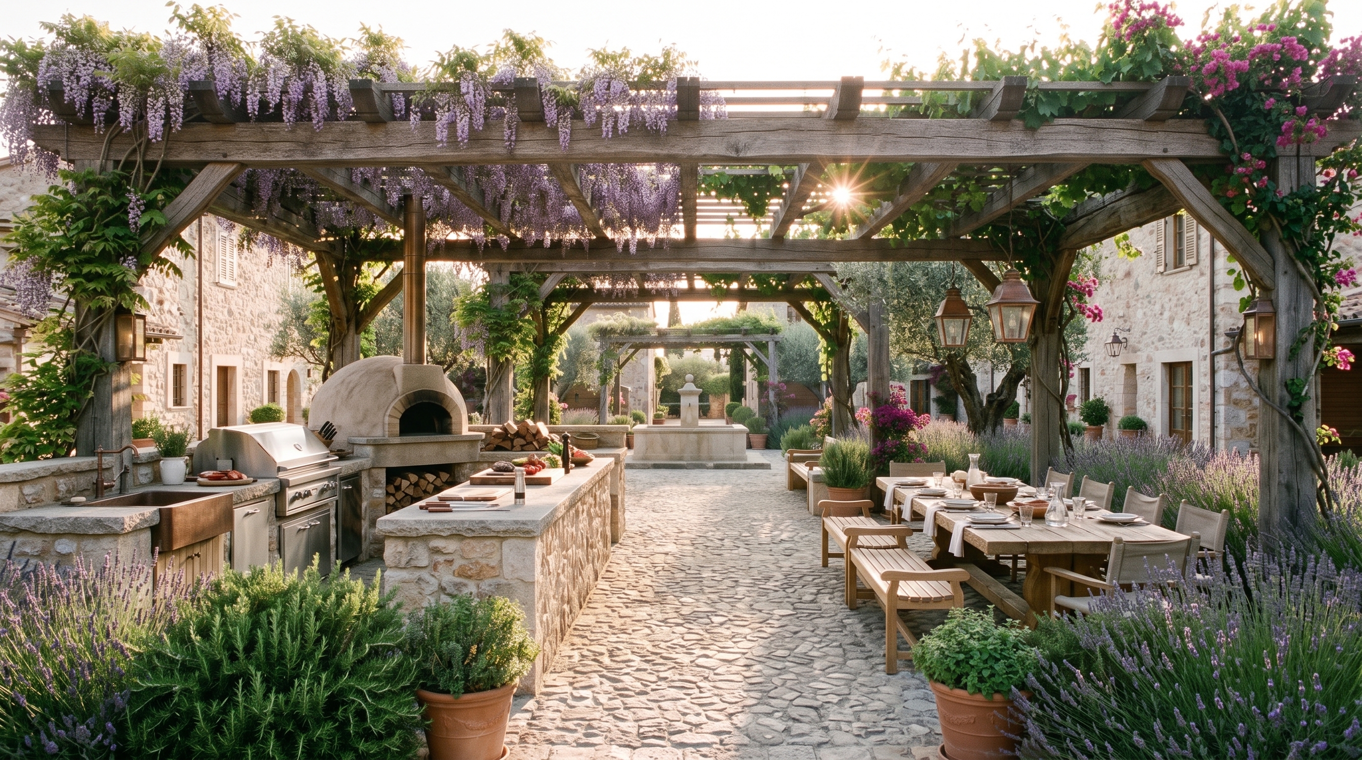 Outdoor kitchen with dining table — Residenza Oliveto concept study