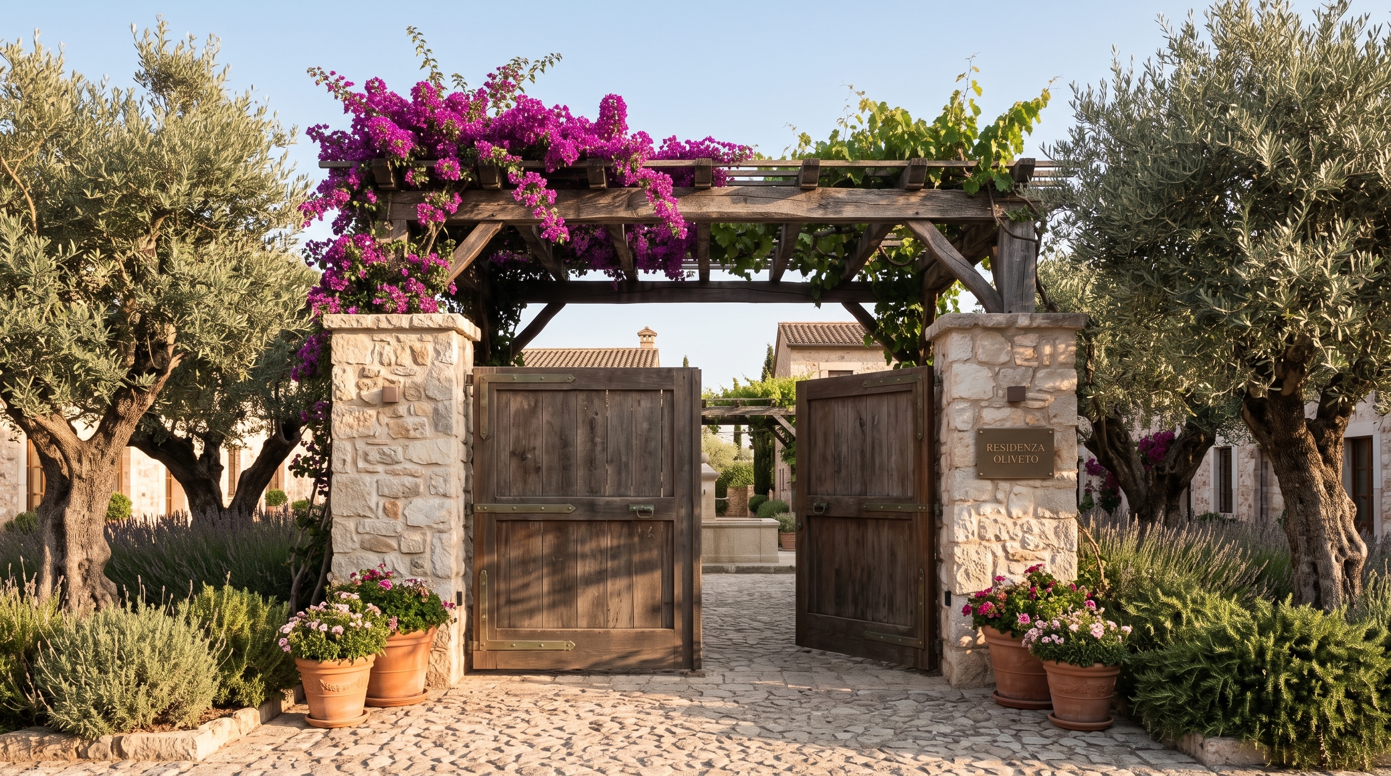Entrance gate with pergola and bougainvillea — Residenza Oliveto concept study