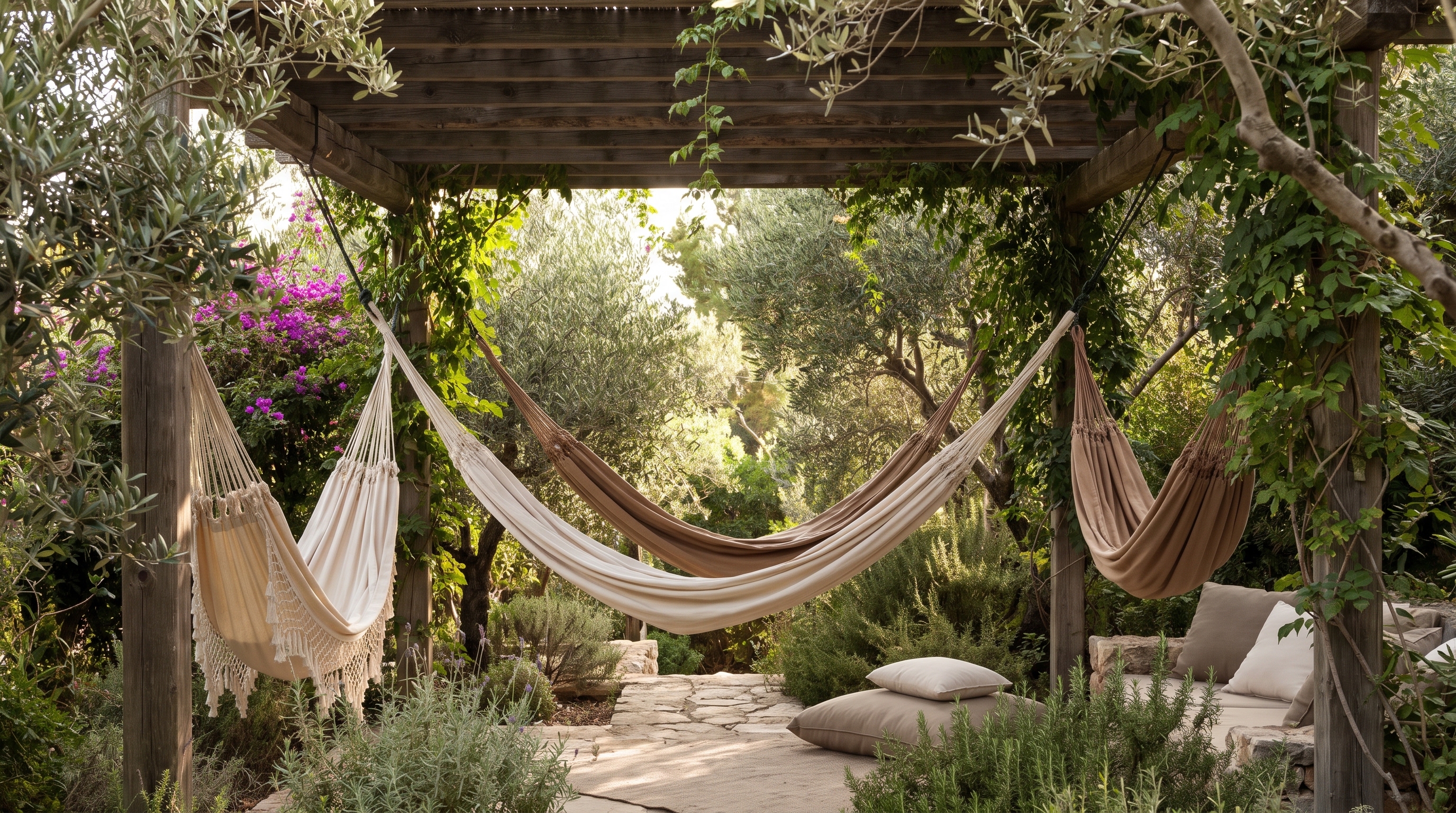 Hammocks under a wooden pergola — Residenza Oliveto concept study