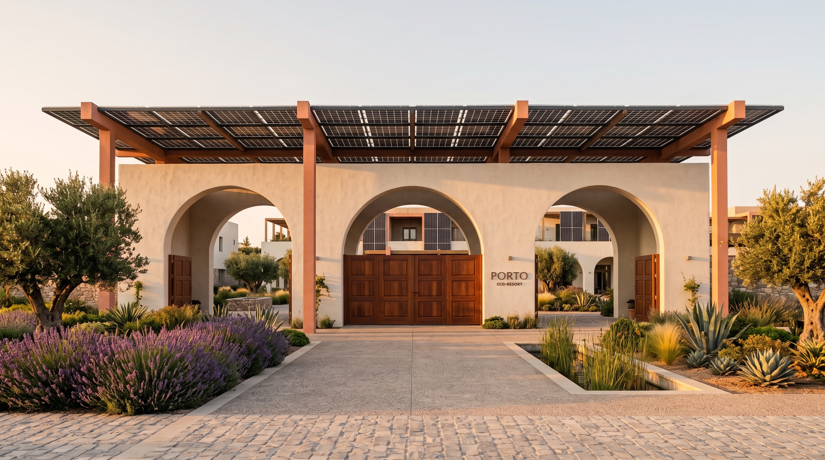 Entrance gate with solar pergola — Porto Eco-Resort concept study