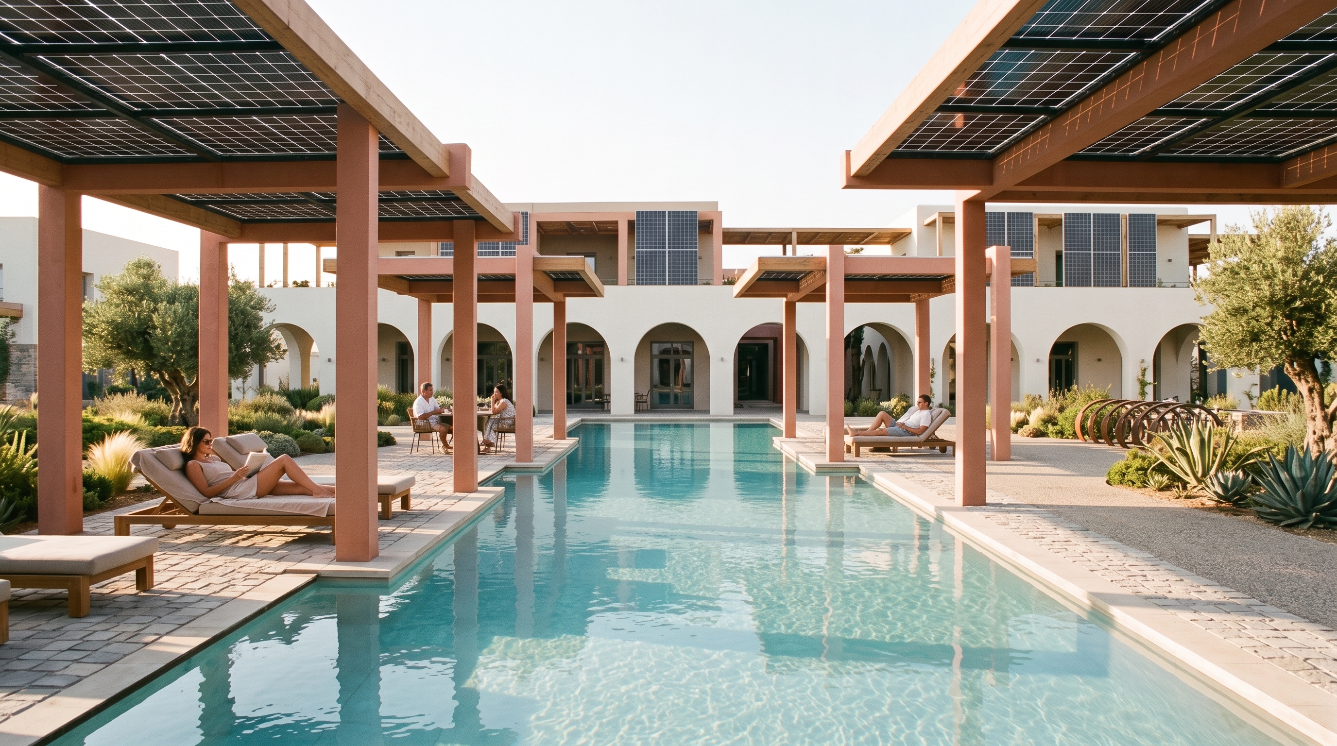 Residents relaxing by the pool — Porto Eco-Resort concept study