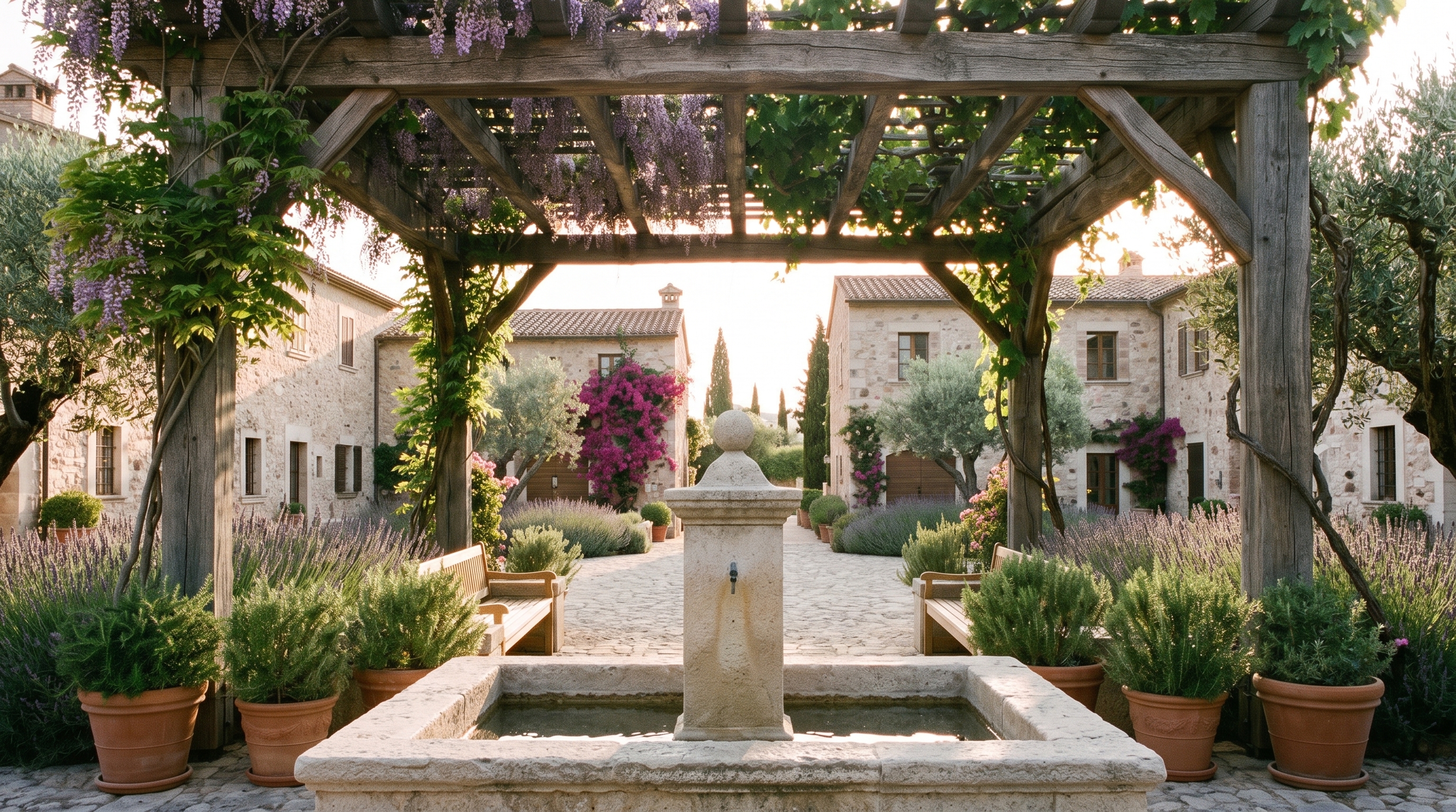 Central square through the pergola — Residenza Oliveto concept study